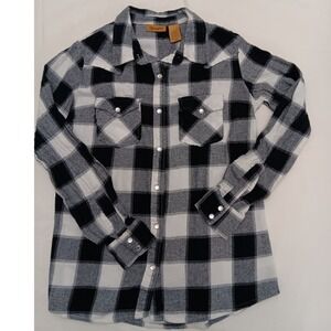Wrangler Women Plaid Long Sleeve‎ Snap Front Flannel Shirt Black White Size S